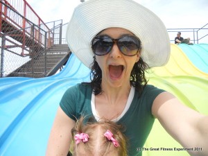 Is this not the best self-portrait ever? As my sister said, "Now we know what you'll look like as a little old lady." I was trying to get Jelly Bean's face as we went down the giant rainbow slide (it ends in unicorn poop and leprechaun gold) but instead got evidence of how fearful I am of a sunburn.